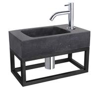 Ensemble de lavabo noir Bombay Differnz - Lavabo en pierre naturelle avec robinet chromé incurvé - Inclut un bonde, un siphon et un porte-serviette - 40 x 22 x 9 cm - Anthracite