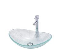 Ensemble de lavabo ovale à montage supérieur - Style bateau en verre trempé avec robinet chromé - Lavabo simple (facile à installer) - Idéal pour les salles de bains modernes