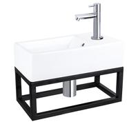 Ensemble de lavabo sur pied Differnz - Lavabo en céramique avec robinet droit en chrome - Comprend un bonde, un siphon et un porte-serviette en noir mat - Dimensions : 40 x 22 x 11,5 cm - Blanc