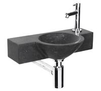 Ensemble de lavabo sur plan de travail Differnz Teti - Pierre naturelle noire Bombai - Robinetterie droite en chrome - Inclut un robinet d'eau froide, un bouchon de vidange et un siphon - Forme ronde