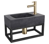 Ensemble de lavabo suspendu Differnz Bombai, noir : lavabo en pierre naturelle avec robinet droit finition or mat, comprenant porte-serviette et siphon. Dimensions : 40 x 22 x 9 cm. Couleur : anthraci
