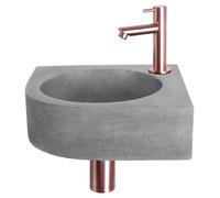 Ensemble de lavabo suspendu Differnz Cleo, béton gris foncé, robinet droit en cuivre rouge. Lavabo d'angle renforcé en fibre de verre, dimensions : 31,5 x 31,5 x 10 cm