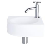 Ensemble de lavabo suspendu pour toilettes d'invités, marque Differnz Cleo : lavabo en céramique, modèle suspendu, robinet chromé à levier croisé, comprenant bouchon de vidange et siphon. Dimensions :