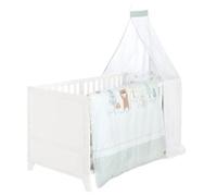 roba Ensemble Complet de Lit Bébé Woodland Buddies - Lit Évolutif 70 x 140 en Bois + Matelas, Linge de Lit, Baldaquin et Support de Baldaquin - À Partir de 6 Mois - Blanc