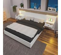 Ensemble de lit double avec 2 tables de chevet à LED et prise USB-C, lit en bois 140 x 200 cm, 2 tables de chevet incluses, chambre à coucher complète (sans matelas)