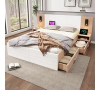 Ensemble de lit double en bois 160 × 200 cm avec 2 tiroirs, comprenant 2 tables de chevet, un cadre de lit et un sommier à lattes 235 × 80 × 207 cm (matelas non compris)