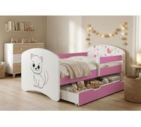 Ensemble de lit pour enfant Happy Babies avec matelas, tiroir et barrière de sécurité, 70 x 140 cm, lits pour filles et lits pour garçons, motif coloré,