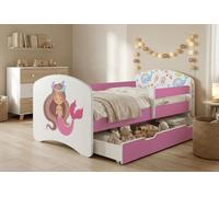 Ensemble de lit pour enfant Happy Babies avec matelas, tiroir et barrière de sécurité, 70 x 140 cm, lits pour filles et lits pour garçons, motif coloré,