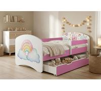 Ensemble de lit pour enfant Happy Babies avec matelas, tiroir et barrière de sécurité, 70 x 140 cm, lits pour filles et lits pour garçons, motif coloré,