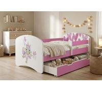 Ensemble de lit pour enfant Happy Babies avec matelas, tiroir et barrière de sécurité, 70 x 140 cm, lits pour filles et lits pour garçons, motif coloré,