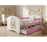 Ensemble de lit pour enfant Happy Babies avec matelas, tiroir et barrière de sécurité, 70 x 140 cm, lits pour filles et lits pour garçons, motif coloré,
