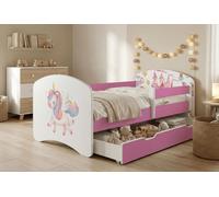 Ensemble de lit pour enfant Happy Babies avec matelas, tiroir et barrière de sécurité, 70 x 140 cm, lits pour filles et lits pour garçons, motif coloré,