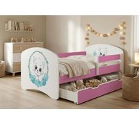 Ensemble de lit pour enfant Happy Babies avec matelas, tiroir et barrière de sécurité, 70 x 140 cm, lits pour filles et lits pour garçons, motif coloré,