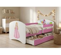 Ensemble de lit pour enfant Happy Babies avec matelas, tiroir et barrière de sécurité, 70 x 140 cm, lits pour filles et lits pour garçons, motif coloré,