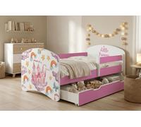 Ensemble de lit pour enfant Happy Babies avec matelas, tiroir et barrière de sécurité, 70 x 140 cm, lits pour filles et lits pour garçons, motif coloré,
