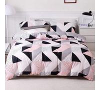 Ensemble de literie 200 x 200 cm, comprenant 3 pièces, de couleur noire, rose, avec un motif triangulaire, gris, et un design géométrique. C'est un ensemble de couette réversible en microfibre douce, 