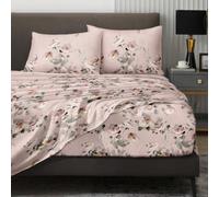 Ensemble de literie 4 pièces à motif floral rose & feuilles vertes, comprend 1 drap-housse, 1 drap plat et 2 taies d'oreiller, inserts d'oreiller non inclus. Ensemble de drap-housse, tailles disponibl