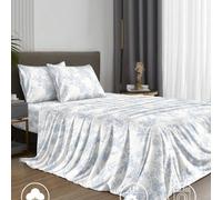 Ensemble de literie 4 pièces avec motif de feuilles et fleurs bleu jardin, comprend 1 drap-housse, 1 drap plat et 2 taies d'oreiller, inserts d'oreiller non inclus. Ensemble de drap-housse, convient a