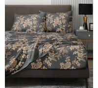 Ensemble de literie 4 pièces gris foncé avec motif floral vintage, comprend 1 drap-housse, 1 drap plat et 2 taies d'oreiller, inserts d'oreiller non inclus. Ensemble de drap-housse, tailles disponible