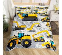 Ensemble de Literie Camion 220x240 Housse de Couette Construction Excavator Pour Garçons,Parure de Lit Véhicule Tracteur Pour Enfants Adolescents,Housse Couette Grunge Bulldozer de Crane,Gris Jaune