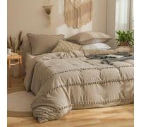 Ensemble de literie de style bohème chic, 3 pièces, 220 x 240 cm, couleur kaki, en microfibre, doux, avec des pompons. L'ensemble comprend une housse de couette et deux taies d'oreiller de 80 x 80 cm