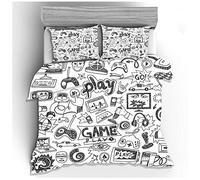 Ensemble de literie d'impression 3D, Console de Jeu Graffiti Noir et Blanc Gris Garçon Adolescent Créatif Doux Microfibre Zipper Housse de Couette avec Taie d'oreiller (Blanc,220 x 240 cm)