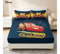 Ensemble de literie Disney 3 pièces avec drap-housse moulé et 2 taies d'oreiller, thème de course classique bleu foncé avec graphique de Lightning McQueen 95 152cm*203cm,137 cm x 193 cm,100 cm x 190 c