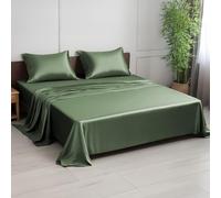 Ensemble de literie en bambou LINENWALAS, indice de finesse 300, tissu satiné rafraîchissant, soie, parure de lit avec 1 drap housse, 1 drap plat et 2 taies d'oreiller, vert avocat