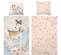 Ensemble de literie en flanelle pour enfants Unyqoos®, 135x200 cm + 80x80 cm, 100% coton flanelle, motif cerf, réversible avec des étoiles, couleurs pastel, chaude et respirante