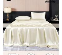 Ensemble de literie en satin soyeux de couleur unie beige premium 4 pièces, comprenant 1 drap-housse, 1 drap plat et 2 taies d'oreiller (inserts d'oreiller non inclus). Literie douce et moderne, convi