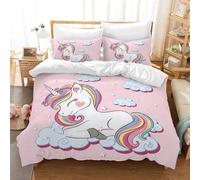 Ensemble de literie Famanu pour enfants, motif 3D licorne et fleurs - Rose