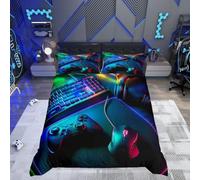 Ensemble de Literie Gaming 200x200,Housse de Couette Casque Souris Clavier Manette de Jeu Motif pour Enfants Filles Garçons,Parure de Lit Sur Le Thème Du Joueur Décoration de Salle de Jeux 3 Pièce