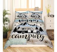 Ensemble de Literie Happy Campingpour Garçons Enfants,Housse de Couette Camper 200x200 Parure de Lit Décorative pour Vieille Porte de Grange Design Occidental en Bois Denim Literie de Ferme Rustique