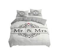 Ensemble de Literie Mr. et Mrs. Blanc Feuille Noir Marron Rose Couples Romantiques Mariage Amour Parure de Lit 2 Personnes Housse de Couette et Taie d'oreiller,Microfibre (Blanc, 220 x 240 cm)
