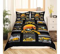 Ensemble de Literie Pour Pelleteuse 220x240 Housse de Couette Tracteur Camion Housse Couette Véhicule de Construction Pour Enfants Garçons,Parure de Lit Pour Voiture de Machinerie Lourde Gris Jaune
