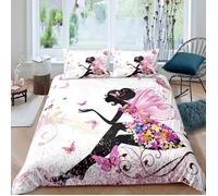 Ensemble de Literie Silhouette de Fille,Housse de Couette 140x200 Papillon Rose,Parure de Lit Florale pour Enfants Adolescents