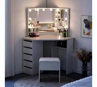Ensemble de maquillage avec lumières LED, coiffeuse incurvée, 5 tiroirs, 3 miroirs et tabouret pour meubles de chambre à coucher