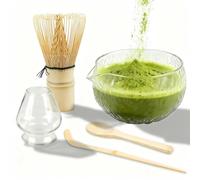 Ensemble de matcha, 5 pièces, comprenant : une théière en verre avec bec verseur, un fouet à matcha (chasen), une cuillère, le tout transparent