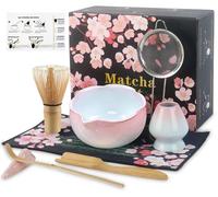 Ensemble de matcha, 8 pièces, rose, comprenant : bol en céramique, fouet, cuillère, doseur et tamis