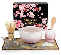 Ensemble de matcha en 8 pièces comprenant une tasse, un fouet, une cuillère, un tamis et un torchon (rose)
