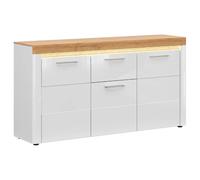 Ensemble de meuble composé de commode à 3 tiroirs et vitrine à portes avec éclairage LED,coloris Blanc/Blanc haute brillance