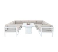 Ensemble de mobilier de jardin modulaire, grand modèle blanc, 8 places, en forme de U, avec canapé et table équipés de coussins et d'un foyer à gaz. Ensemble d'angle pour terrasse extérieure en alumin