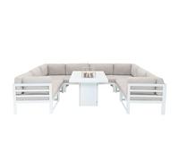 Ensemble de mobilier de jardin modulaire, grand modèle blanc, 8 places, en forme de U, avec canapé et table équipés de coussins et d'un foyer à gaz. Ensemble d'angle pour terrasse extérieure en alumin