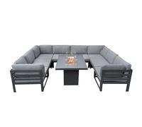 Ensemble de Meuble de Jardin Modulaire Gris Canapé & Table En Forme de U 8 Places Avec Foyer À Gaz 9 Pièces En Aluminium Pour Salon Salle À Manger Patio Extérieur Conversion d'Angle & Housse De Pluie
