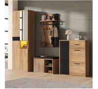 Ensemble de meuble d'entrée 4 pièces avec armoire 4 portes, 1 niche ouverte et miroir, naturel et noir 215×36×190 cm - UVRION