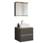 Ensemble de meuble-lavabo 3 pièces comprenant une vasque en céramique, un meuble de salle de bain avec 2 tiroirs à fermeture amortie, une armoire de toilette avec miroir, éclairage et prise électrique