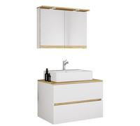 Ensemble de meuble-lavabo 3 pièces comprenant une vasque en céramique, un meuble de salle de bain avec 2 tiroirs à fermeture amortie, une armoire de toilette avec miroir, éclairage et prise électrique