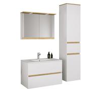 Ensemble de meuble-lavabo 4 pièces comprenant vasque en céramique, meuble de salle de bain avec 2 tiroirs à fermeture amortie, colonne de rangement, armoire de toilette avec miroir, éclairage et prise