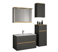 Ensemble de meuble-lavabo 5 pièces comprenant vasque en céramique, meuble de salle de bain avec 2 tiroirs à fermeture amortie, armoire mi-hauteur, armoire murale, armoire de toilette avec miroir, écla