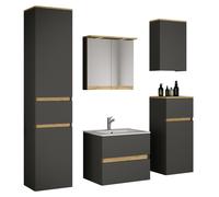 Ensemble de meuble-lavabo 6 pièces comprenant vasque en céramique, meuble de salle de bain avec 2 tiroirs à fermeture amortie, armoire haute, armoire mi-hauteur, armoire murale, armoire de toilette av
